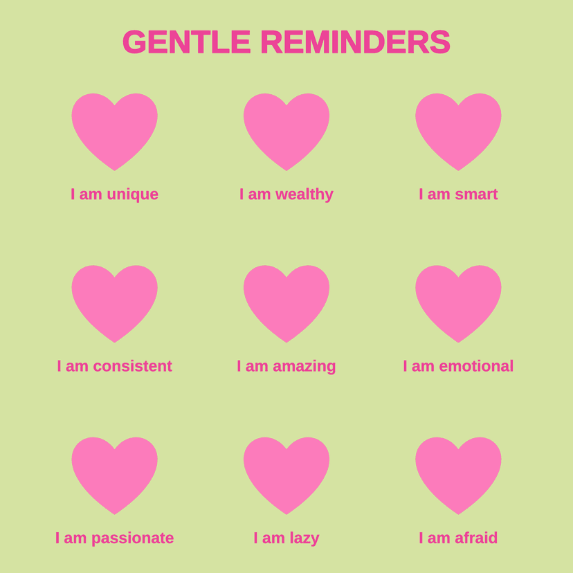 GENTLE REMINDERS I am unique I am wealthy I am smart I am consistent I am amazing I am emotional I am passionate I am lazy I am afraid