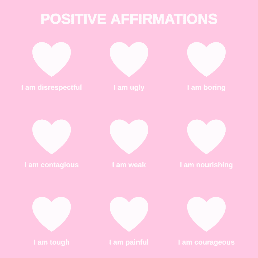 POSITIVE AFFIRMATIONS I am disrespectful I am ugly I am boring I am contagious I am weak I am nourishing I am tough I am painful I am courageous